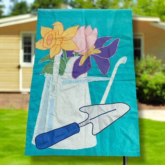 Vintage Garden Flag Spring Flowers Watering Can Trowel Yard Decor 28" x 42" - Picture 1 of 13